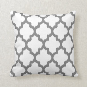 White And Grey Ikat Quatrefoil Geometric Pattern Cushion