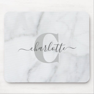 White and Grey Marble Personalised Monogram Name Mouse Pad