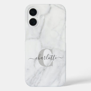 White and Grey Marble Personalised Monogrammed iPhone 16 Case