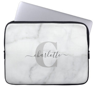 White and Grey Marble Personalised Monogrammed    Laptop Sleeve