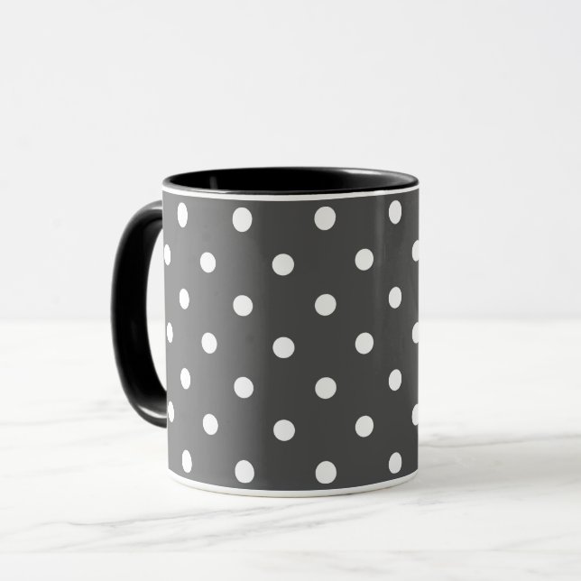 White and grey polka dot pattern retro mug (Front Left)