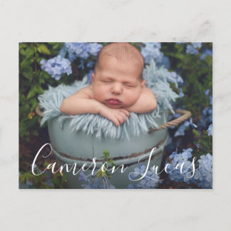 White and Grey Script Calligraphy Collage Birth Announcement Postcard