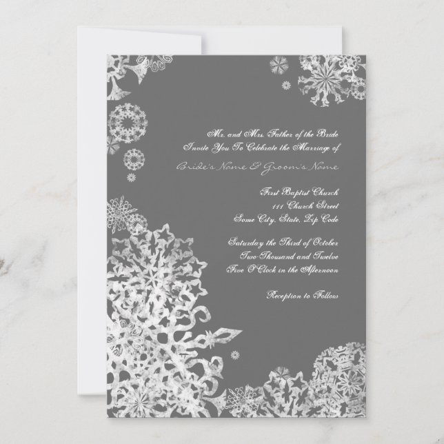 White and Grey Snowflakes Wedding Invitation 3 (Front)