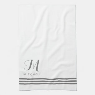 White and Grey Sophisticated Stripes and Monogram Tea Towel