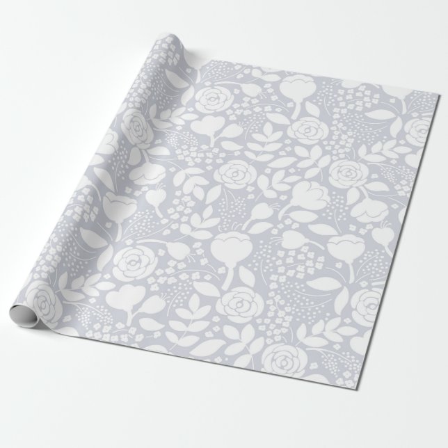 White and grey stylised roses & flowers pattern wrapping paper (Unrolled)