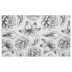 White And Grey Vintage Flowers Drawing Fabric