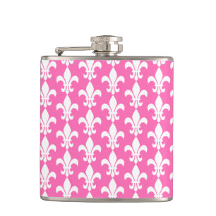 White and Hot Pink Fleur de Lis Pattern Hip Flask