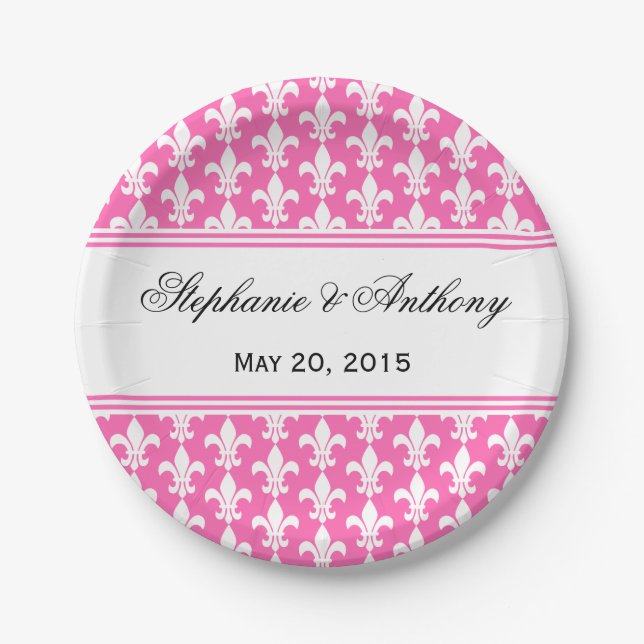 White and Hot Pink Fleur de Lis Wedding Paper Plate (Front)
