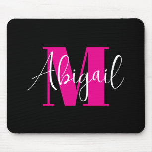 White and Hot Pink Modern Monogram Black Mouse Pad