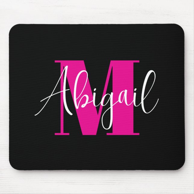 White and Hot Pink Modern Monogram Black Mouse Pad (Front)