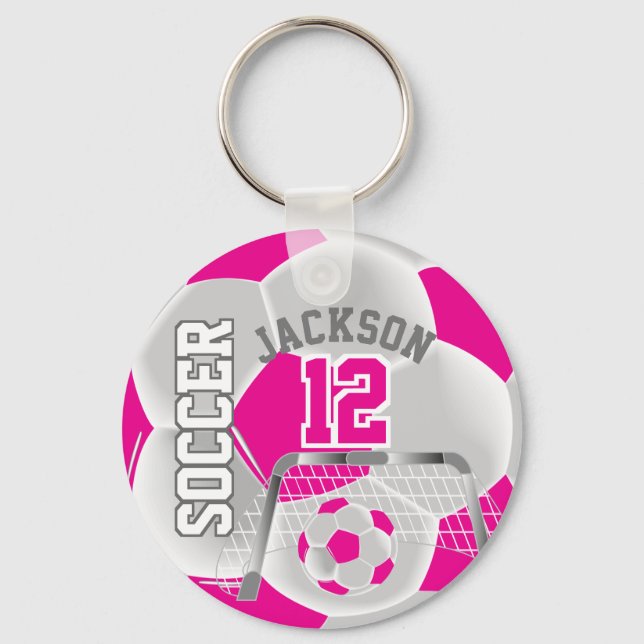 White and Hot Pink Soccer ⚽ Ball Sport Key Ring (Front)
