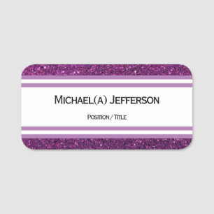 White and Lavender Purple Stripes   Glitter Border Name Tag