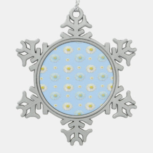 White and light blue Daisy Pattern Snowflake Pewter Christmas Ornament