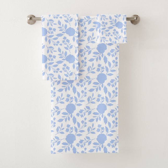 White and Light Blue Floral  Bath Towel Set (Insitu)