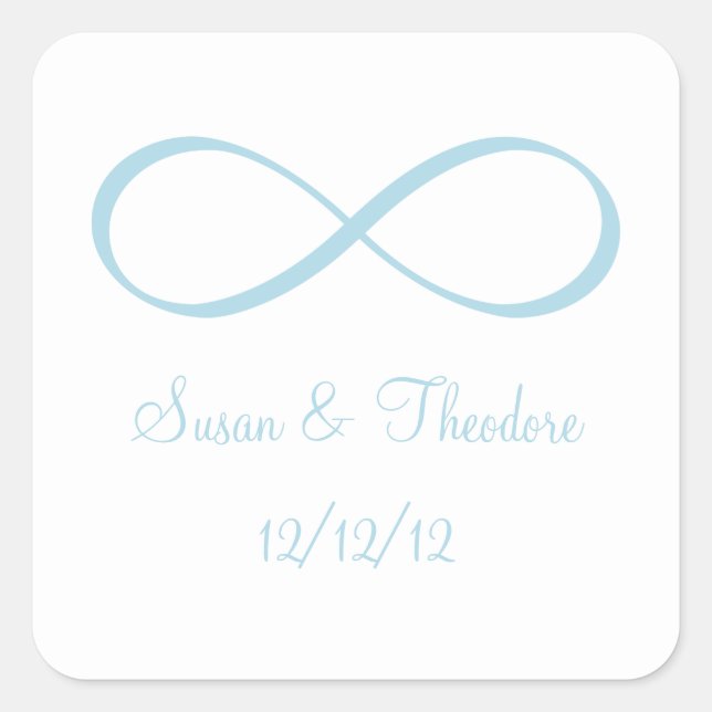 White and Light Blue Infinity Symbol Save the Date Square Sticker (Front)