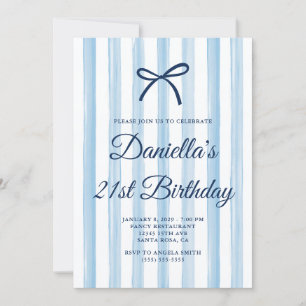 White and Light Blue Painted Stripes 21st Birthday Invitation