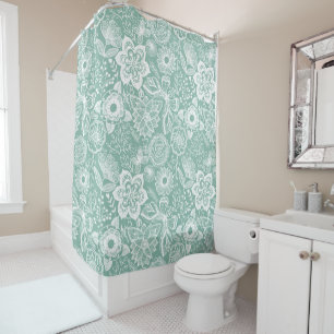 White and Light green retro flowers pattern Shower Curtain