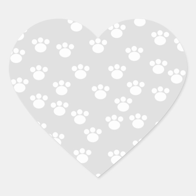 White and Light Grey Paw Print Pattern. Heart Sticker (Front)