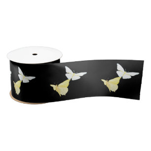 White and Light Yellow Butterflies Flying Black Satin Ribbon