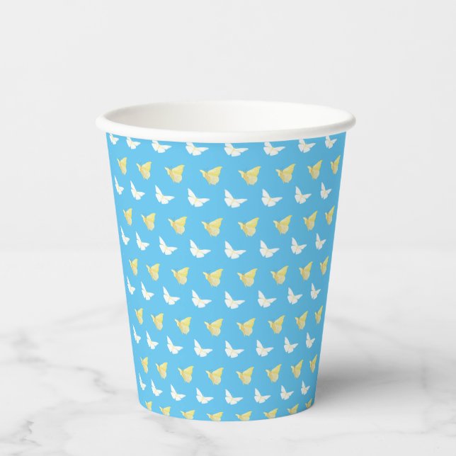 White and Light Yellow Butterflies Flying Blue Paper Cups (Front)