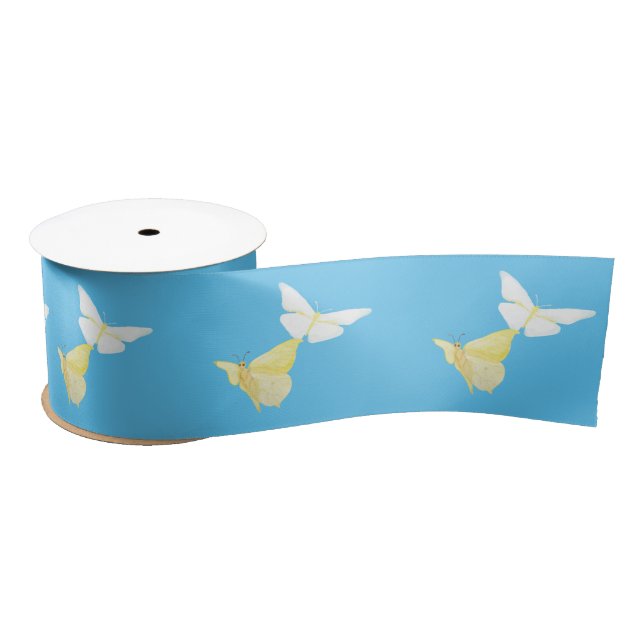 White and Light Yellow Butterflies Flying Blue Satin Ribbon (Spool)