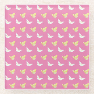 White and Light Yellow Butterflies Flying Pink Glass Coaster