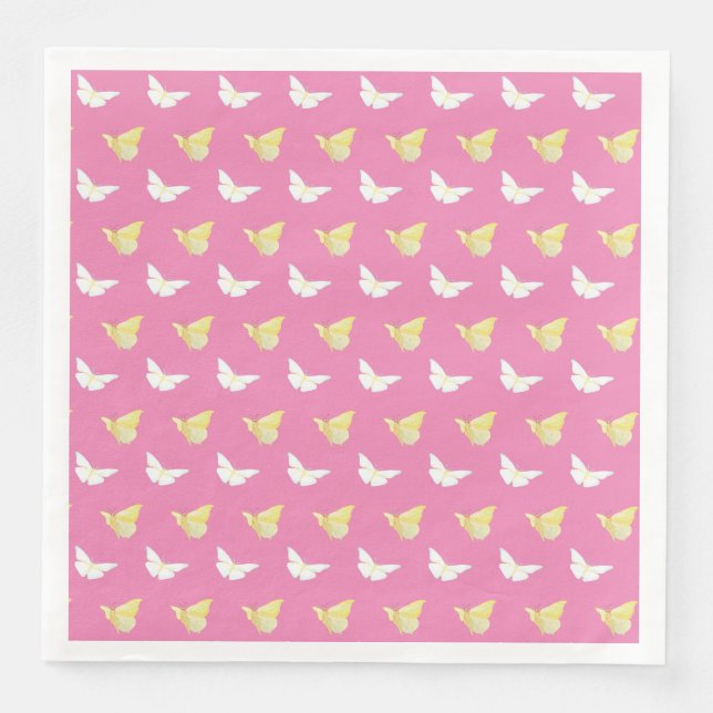 White and Light Yellow Butterflies Flying Pink Napkin (Front)