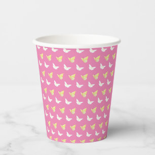White and Light Yellow Butterflies Flying Pink Paper Cups