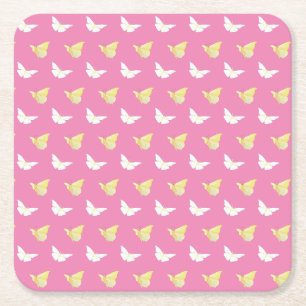 White and Light Yellow Butterflies Flying Pink Square Paper Coaster