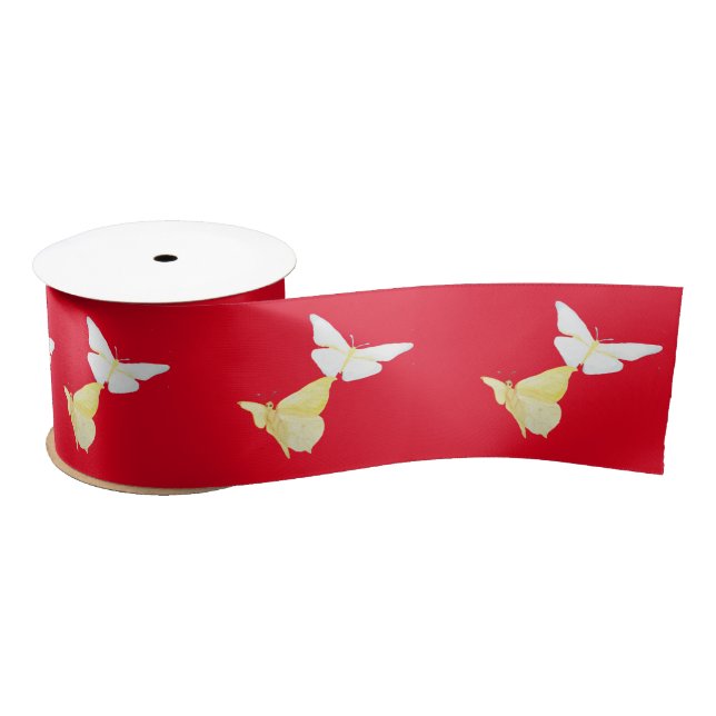 White and Light Yellow Butterflies Flying Red Satin Ribbon (Spool)