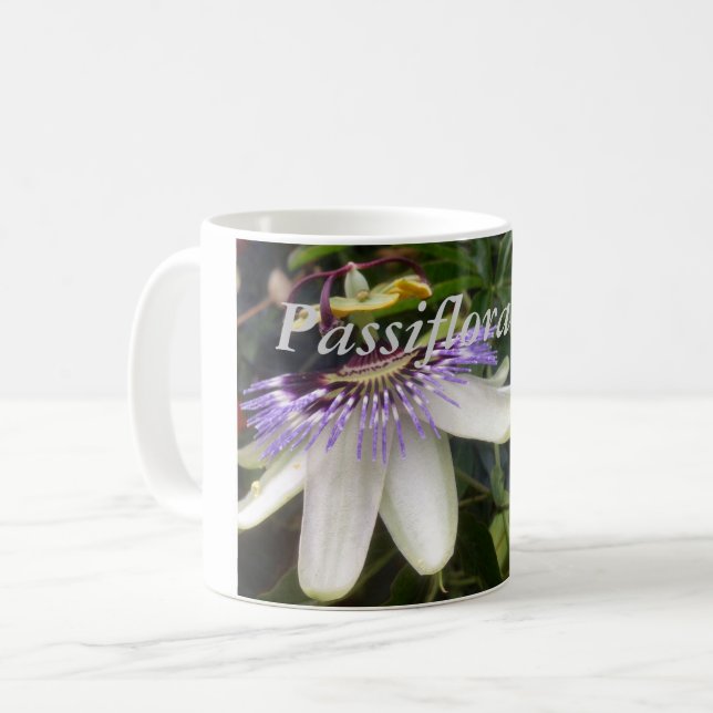 White and Mauve Passion Flower Coffee Mug (Front Left)
