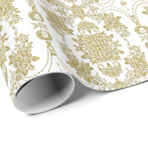 White And Metallic Gold Floral Damasks Pattern Wrapping Paper