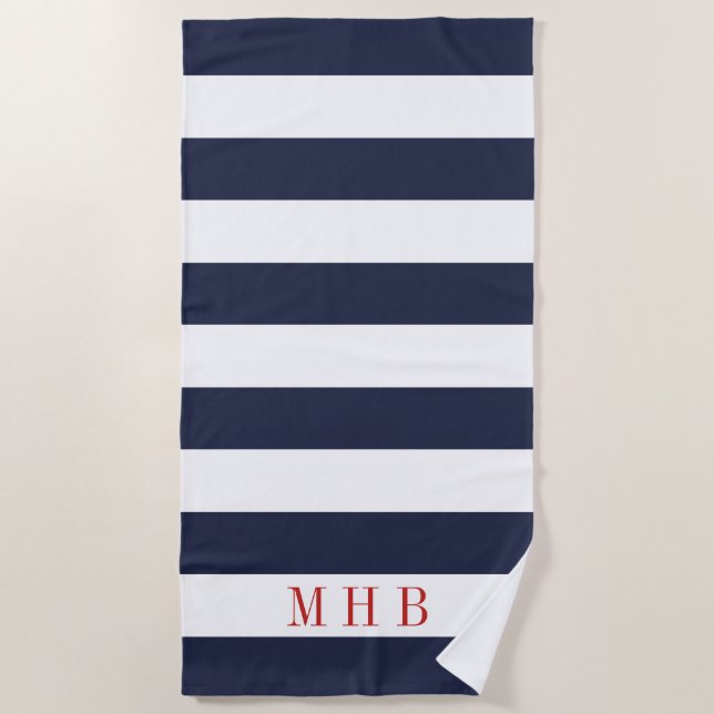White and Midnight Blue Stripe and Red Monogram Beach Towel (Front)