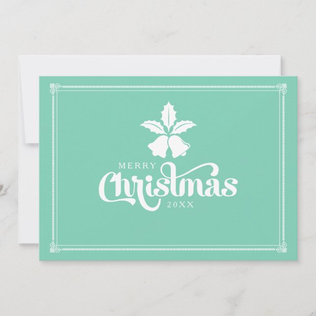 White And Mint Christmas Bells And Text Design Holiday Card (Front)