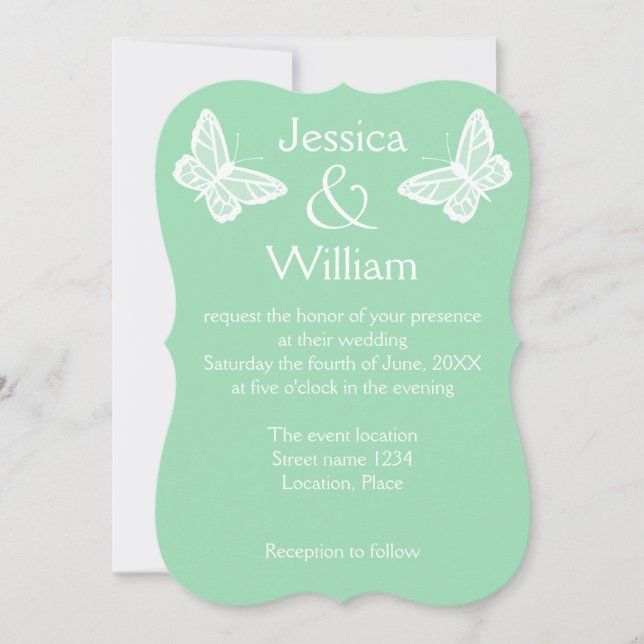 White And Mint Green Butterflies Wedding Invitation (Front)