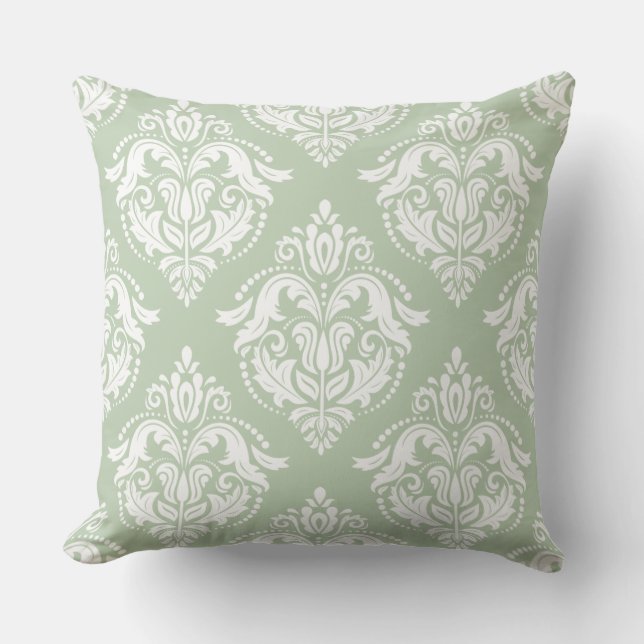 White And Mint-Green Damasks Cushion (Front)