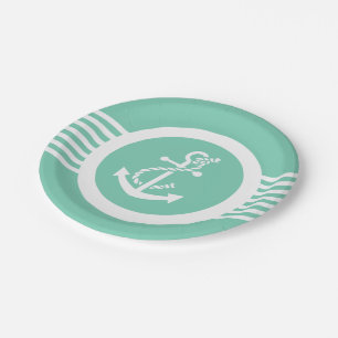 White And Mint Nautical Anchor & Stripes Paper Plate