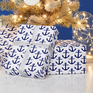 White and Navy Blue Anchors Pattern Wrapping Paper