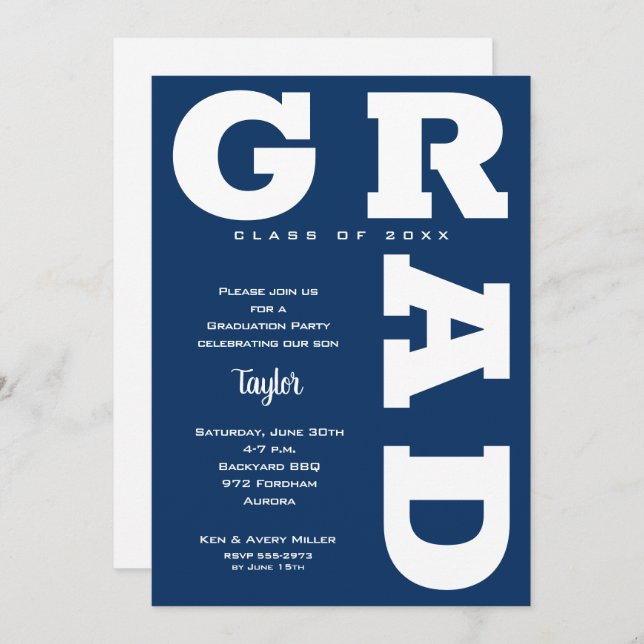 White and Navy Blue Graduation Party Invitation (Front/Back)