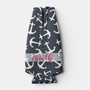 White and Navy Blue Nautical Anchor Monogram Bottle Cooler