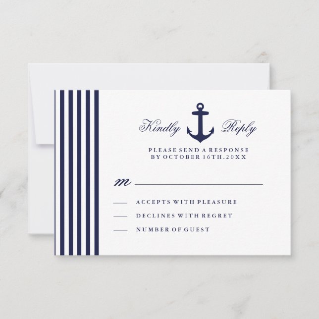 White and Navy Blue Nautical RSVP Card (Front)