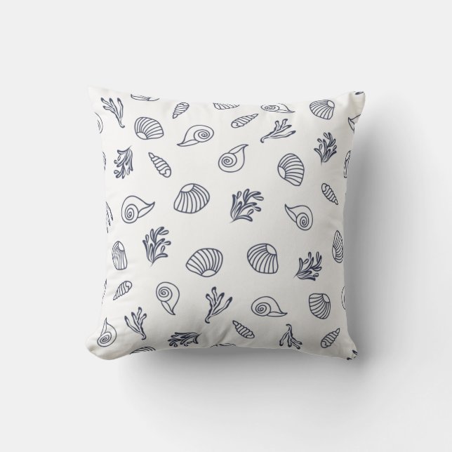 White and Navy Blue Seashells Coastal Cushion (Front)