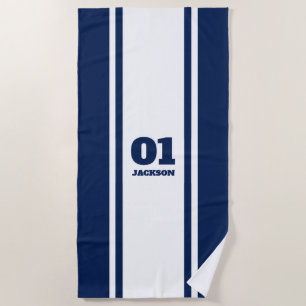White and Navy Blue Sports Stripe Name & Number Beach Towel