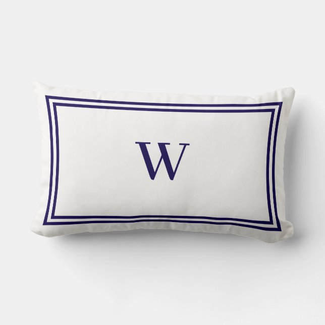  White and Navy Blue Stripe Border Monogram Lumbar Cushion (Back)