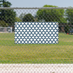 White and Navy Blue Trellis, Lattice, Quatrefoil Banner