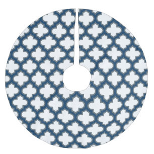 White and Navy Blue Trellis, Lattice, Quatrefoil Brushed Polyester Tree Skirt