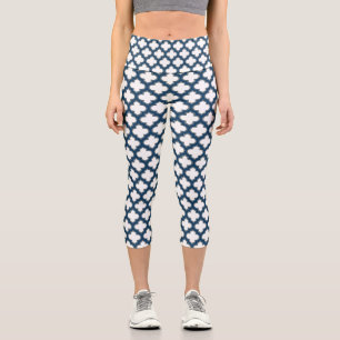 White and Navy Blue Trellis, Lattice, Quatrefoil Capri Leggings