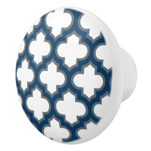White and Navy Blue Trellis, Lattice, Quatrefoil Ceramic Knob