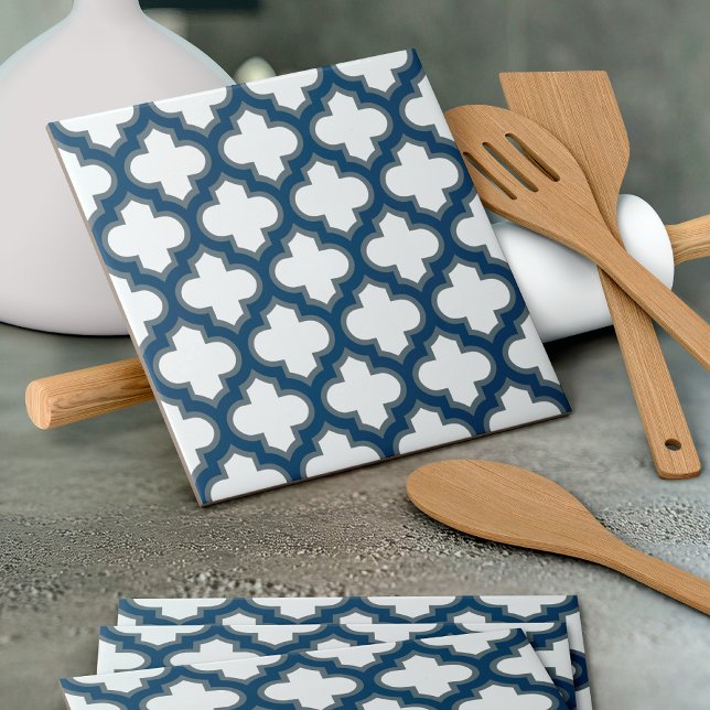 White and Navy Blue Trellis, Lattice, Quatrefoil Ceramic Tile (Creator Uploaded)