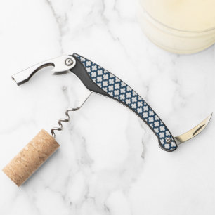 White and Navy Blue Trellis, Lattice, Quatrefoil Corkscrew